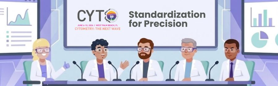 Cartoon image displaying scientists giving talk at CYTO 2026 on flow cytometry standardization